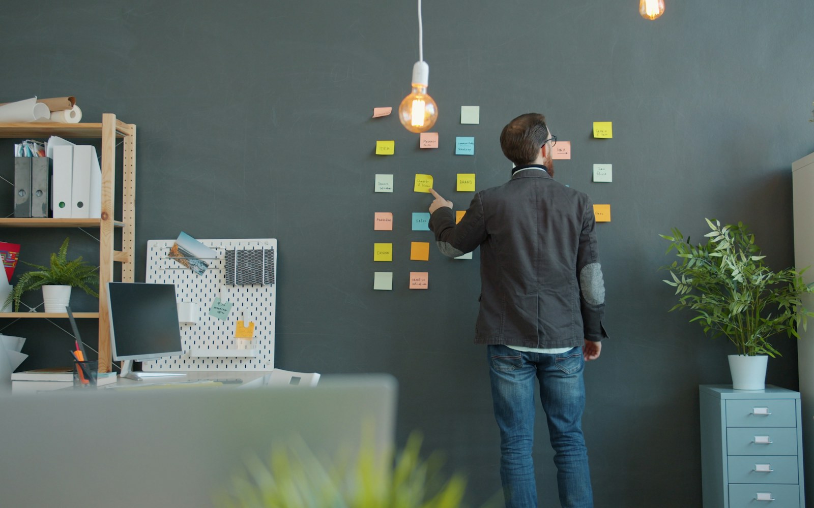 Professional mapping organizational ideas and workflows with sticky notes